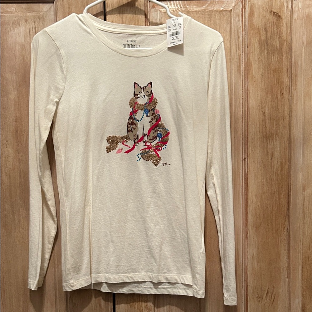 J. Crew White Long Sleeve Tee with Colorful Cat Design